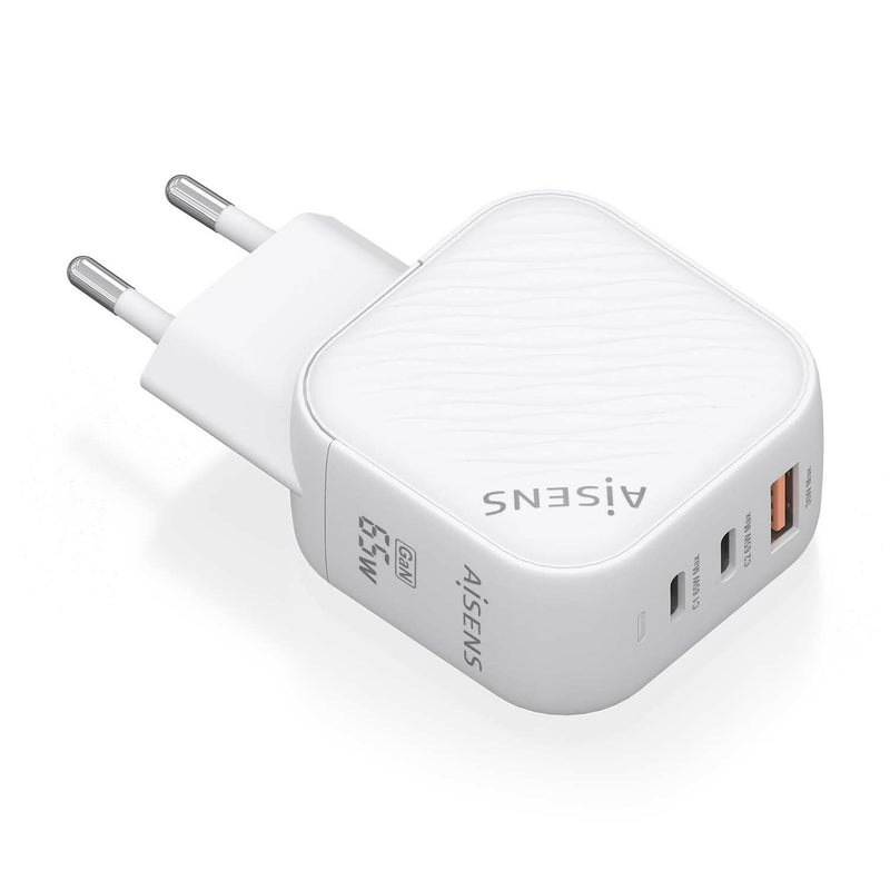 Aisens Charger GaN 65W, 2x USB-C PD 3.0 QC4.0, 1x USB-A QC3.0, White