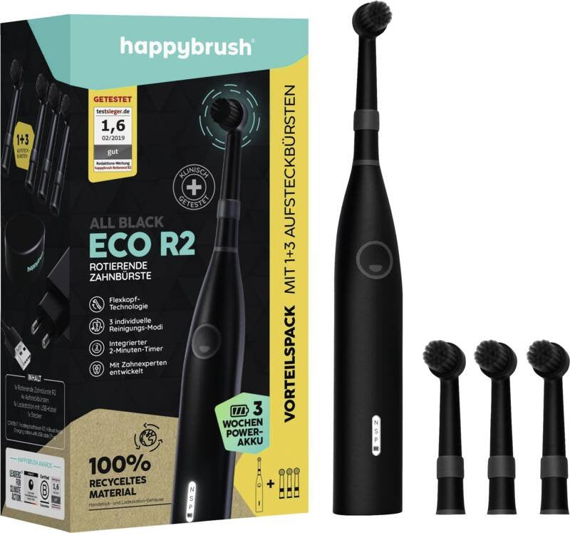 Happybrush Brush Teeth Eco R2 Allblack + 3 Spare Parts Eléctrico Black CR2BEAN