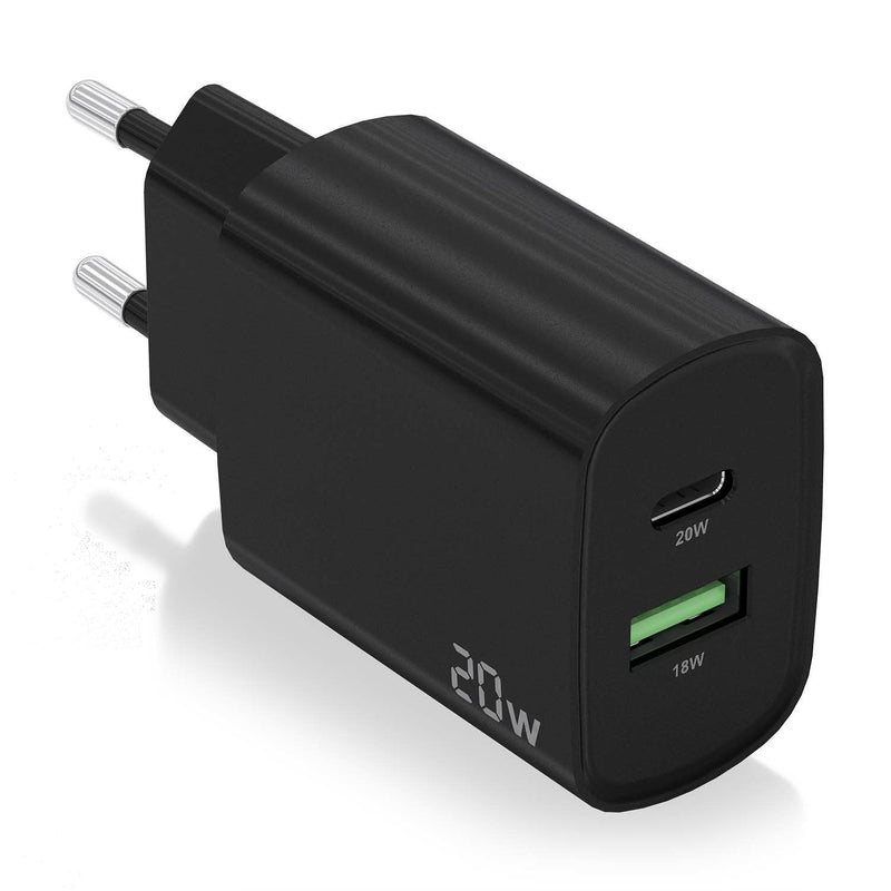 Aisens Charger 20W - 1x USB-C PD 3.0 - 1x USB-A QC3.0 - Black