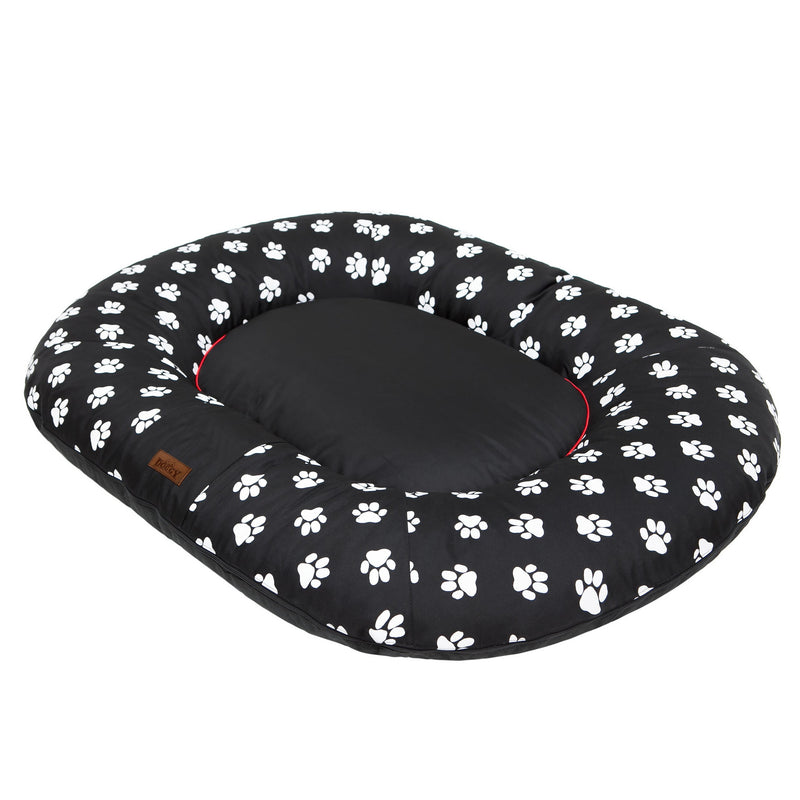 Oval Dog Basket Bed – Multicolour Black Pawprints, L