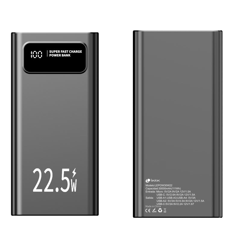 Leotec Powerbank 30000MAH 22,5W PD20W Neg (1 USB-C + 4USB-A Inc USB-A a Usb-c)
