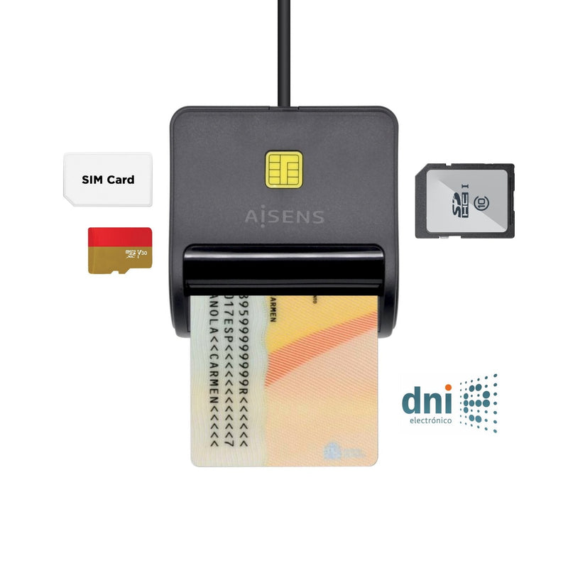 Aisens Card Reader External Dni Sim, Sd, microSD, Mmc, Rs-mmc, MMC Micro, Black