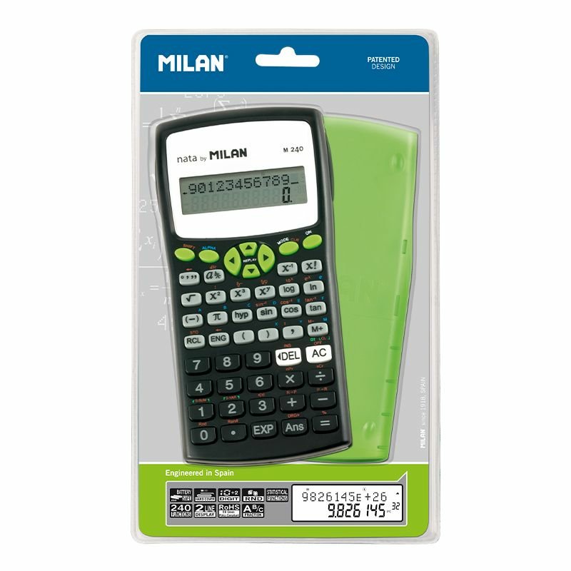Milan M240 Calculator Cientifica 10 + 2 Digitos - Screen 2 Lineas - 240 Funciones Integradas Incluyendo 124 Ci