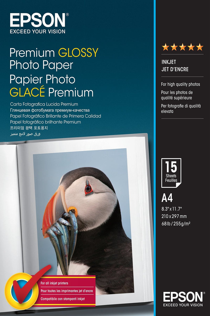 Epson Paper White C13S042155 Premium Glossy Paper Foto, Din A4, 255G/M², 15 Hojas, Premium Glossy