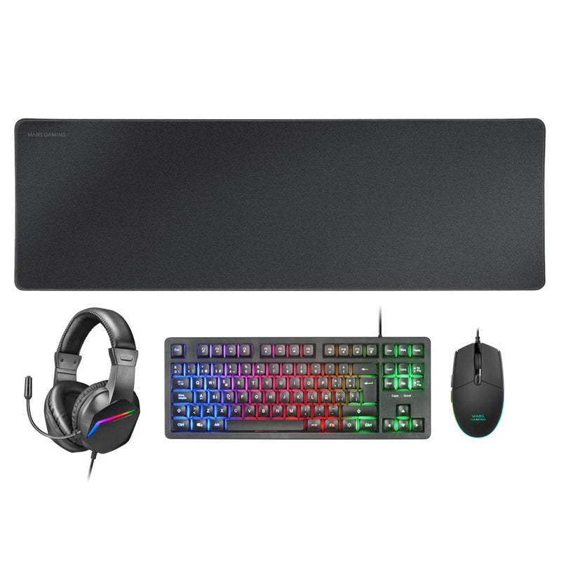 Mars Gaming MCP-RGB3 Combo Gaming 4EN1 - Keyboard Tkl H-mech LED Frgb - Mouse Ultraligero RGB 3200 DPI - Headp