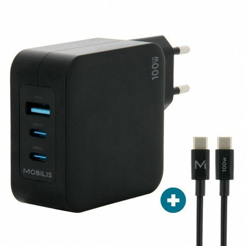 Mobilis Charger 100W 2USB C 1USBA GaN Cable 100W Laptop Smartphone, Tableta Black Power Alterna Indoor — image 1