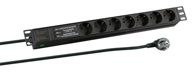 Power Strip Plugs Rack 19 1U, 7 Sockets Cee 7/3, Aluminium Black