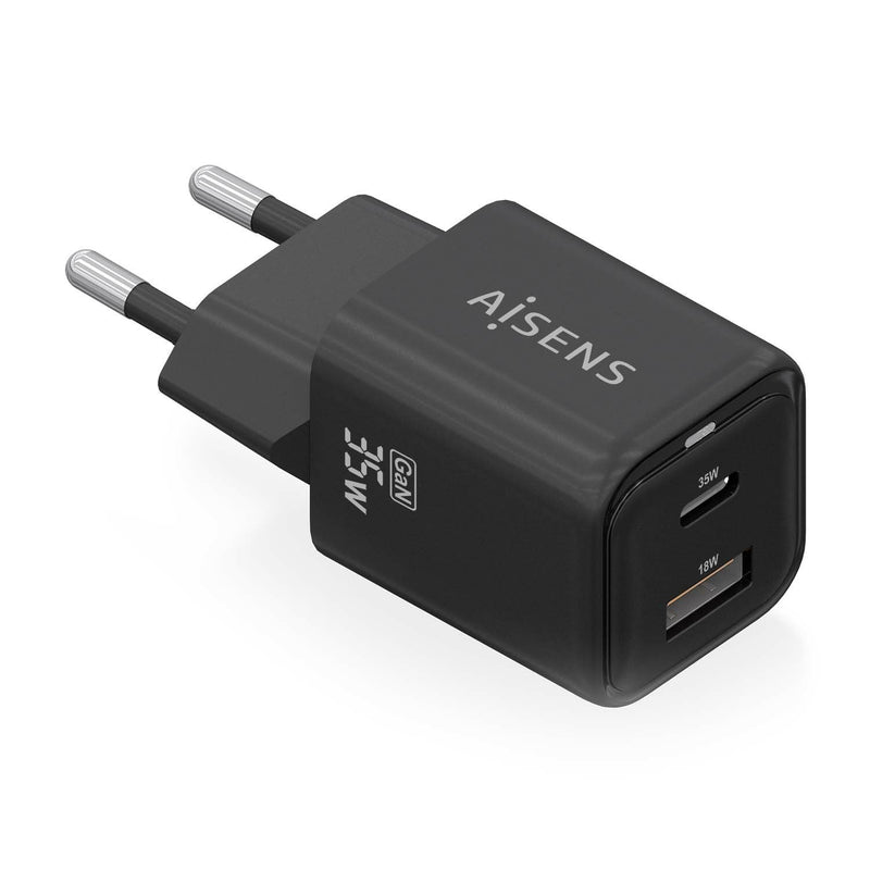 Aisens Charger GaN 35W, 1x USB-C PD 3.0 QC4.0, 1x USB-A QC3.0, Black