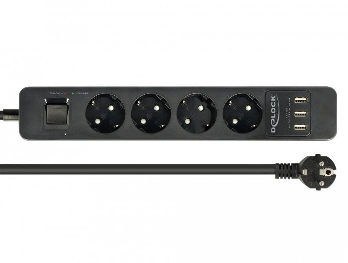 Delock Power Strip 4VÍAS, 3x USB Black Cable 1,5 Metres Protection Contra Sobretensiones, With Switch 11209