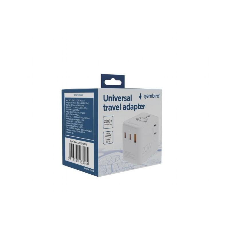 Gembird Universal Travel Power Adapter 20W White