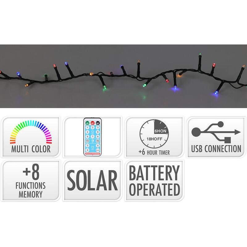 Garland Led, 400 Leds 8 Funciones Parpadeante Multicolour IP44, Solar. Basics