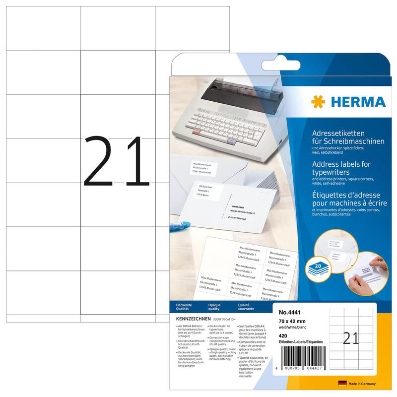 Herma Adressetik. 70X42 Mm Paper Ecken Spitz 420 St.