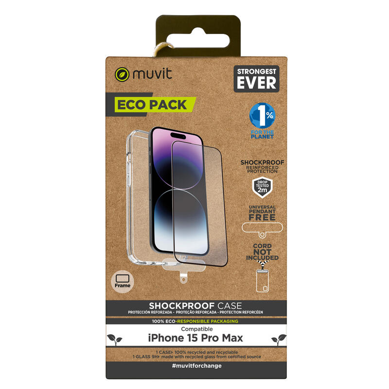 Muvit For Change Case Shockproof 2M Apple Iphone 15 Pro Max. + Screen Protector Glass Tempered Flat Frame Blac