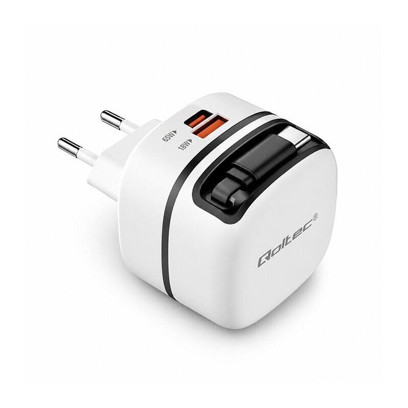 Qoltec 65W GaN Super Fast Mains Charger USB-C Pd Pps 5-20V 3-3.25A Laptop Macbook Smartphone + Retractable Cab