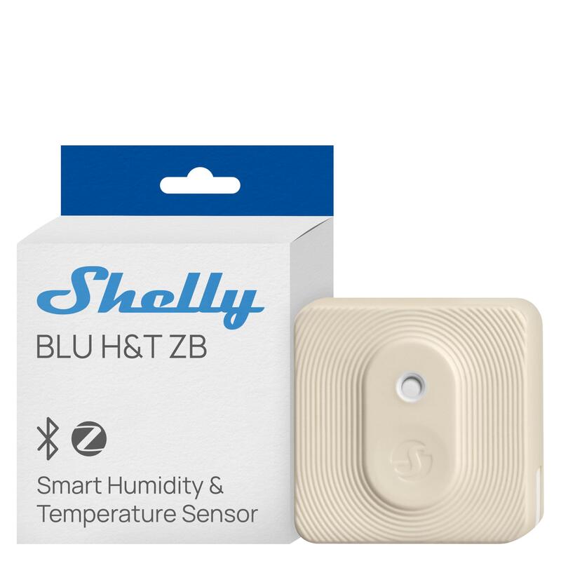 Shelly · Plug & Play · Blu Zb H&t Marfil · Temperatur- & Sensor Humedad · Bluetooth · Zigbee · Battery · Hellb